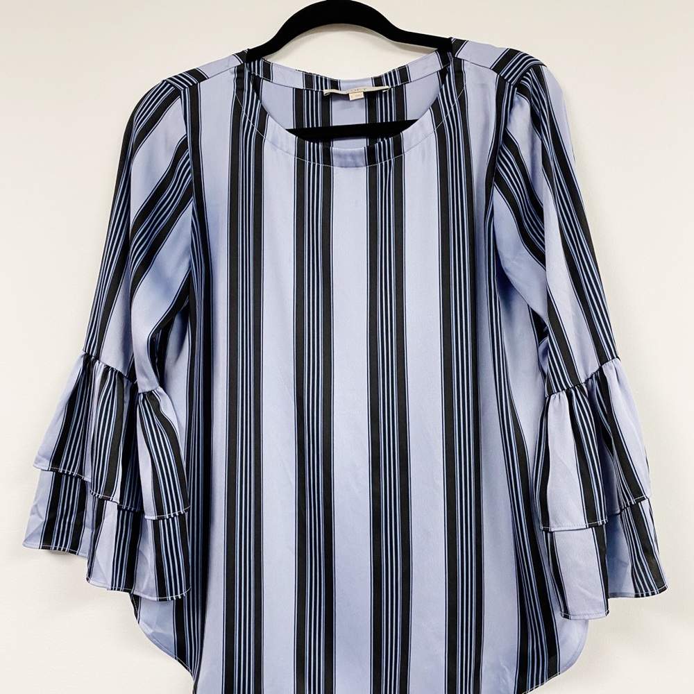 Loft Blue Striped Top with Flounce Sleeves